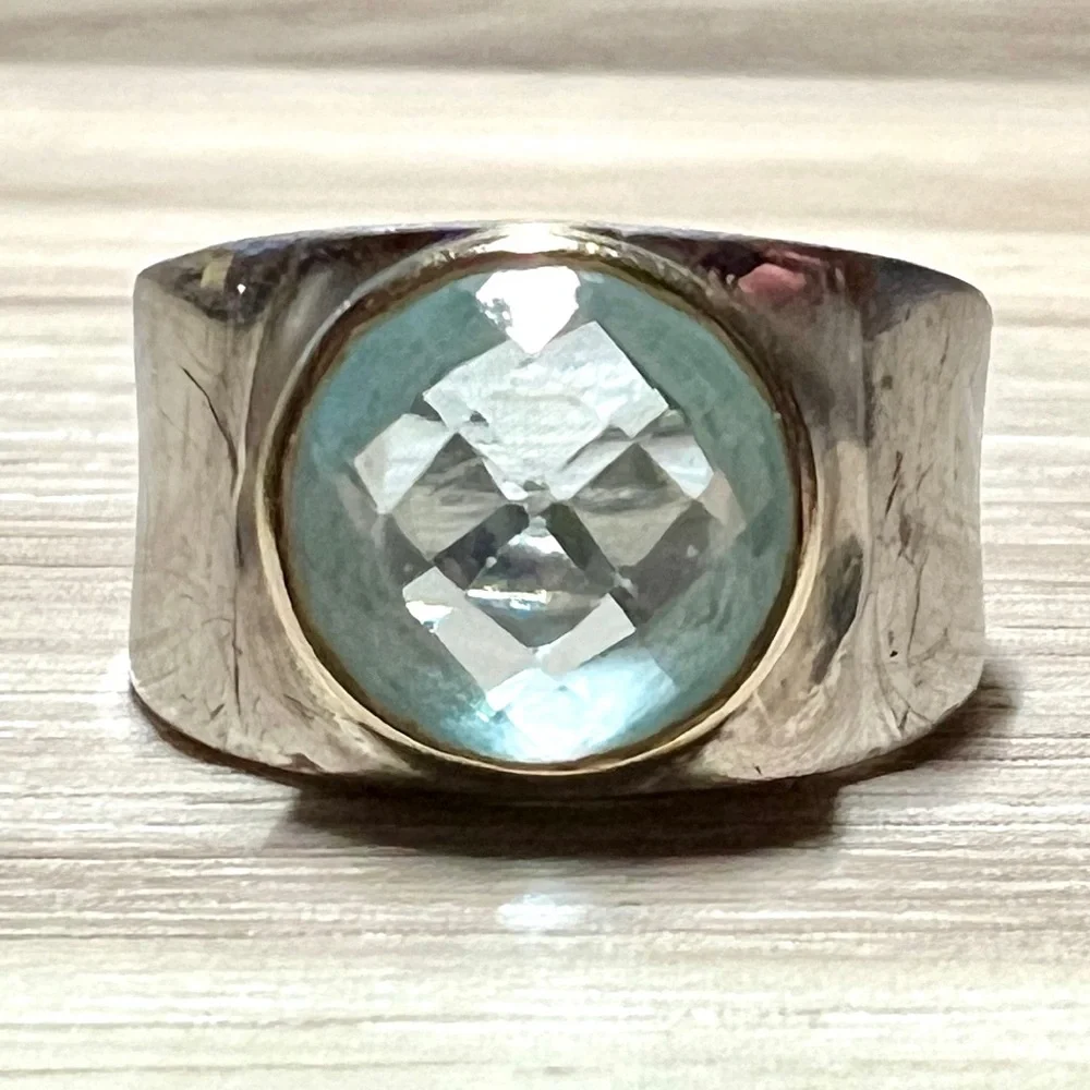 Vintage Designer Signed ATR Sterling Silver & 14K Gold Blue Topaz Ring, Size 6.5